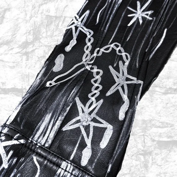 Black Faux Leather Hand-Painted Biker Jacket with White Graphic Art - Picture 3 of 3